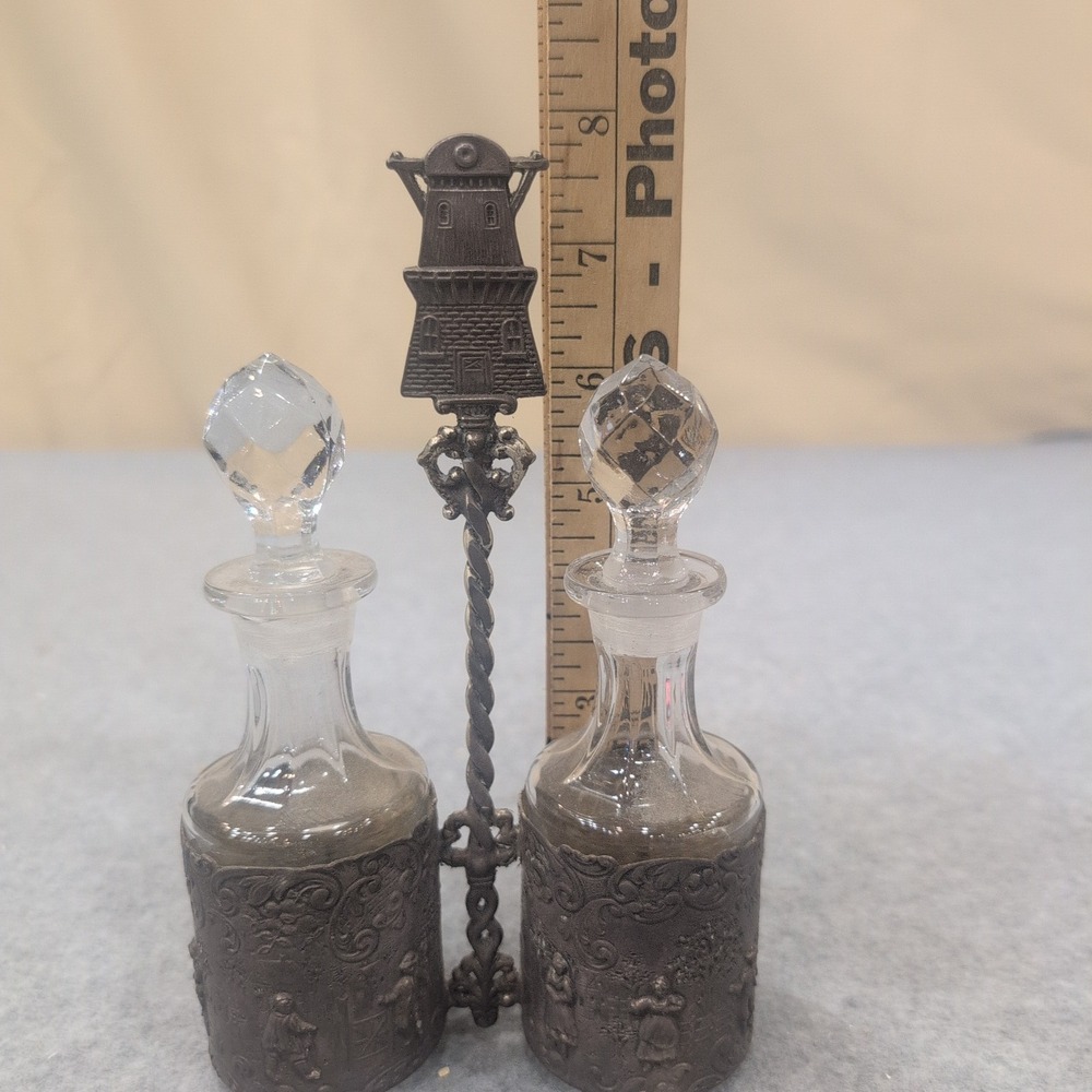 Vintage Dutch Windmill Cruet Set Glass Bottles Ornate Metal Caddy Village Scene - Picture 2 of 12